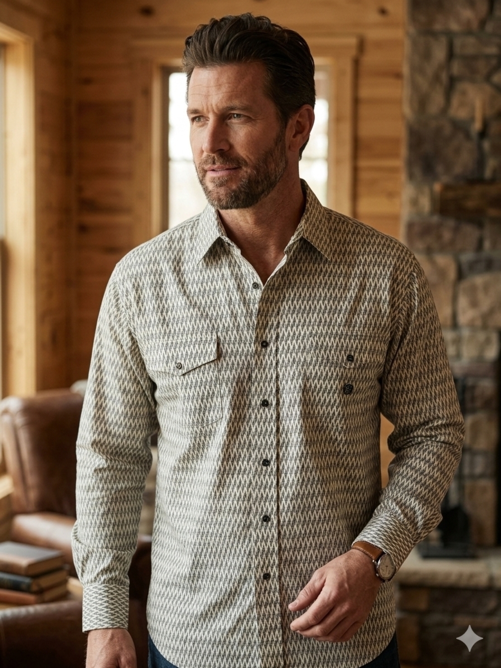 Panhandle Slim Cream and Brown Geo-Print Casual Button-Down Shirt